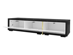 Móvel para TV com 3 portas, comprimento ajustável, frente branca brilhante e laterais em folheado com efeito mármore preto - 140/260x40x30cm