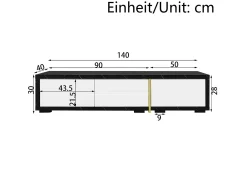Móvel para TV com 3 portas, comprimento ajustável, frente branca brilhante e laterais em folheado com efeito mármore preto - 140/260x40x30cm