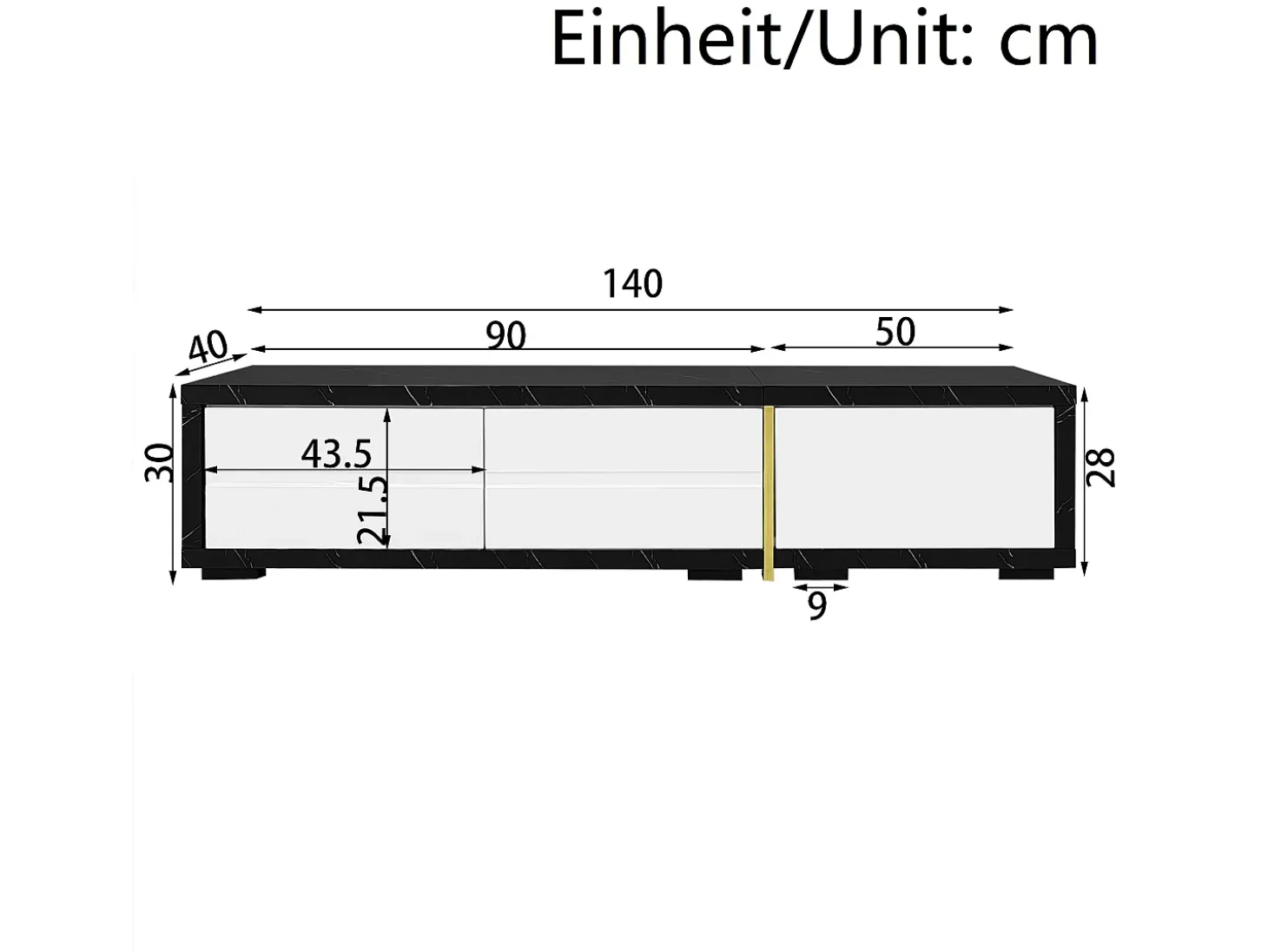 Móvel para TV com 3 portas, comprimento ajustável, frente branca brilhante e laterais em folheado com efeito mármore preto - 140/260x40x30cm