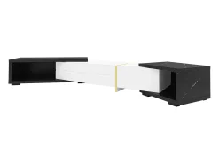 Móvel para TV com 3 portas, comprimento ajustável, frente branca brilhante e laterais em folheado com efeito mármore preto - 140/260x40x30cm