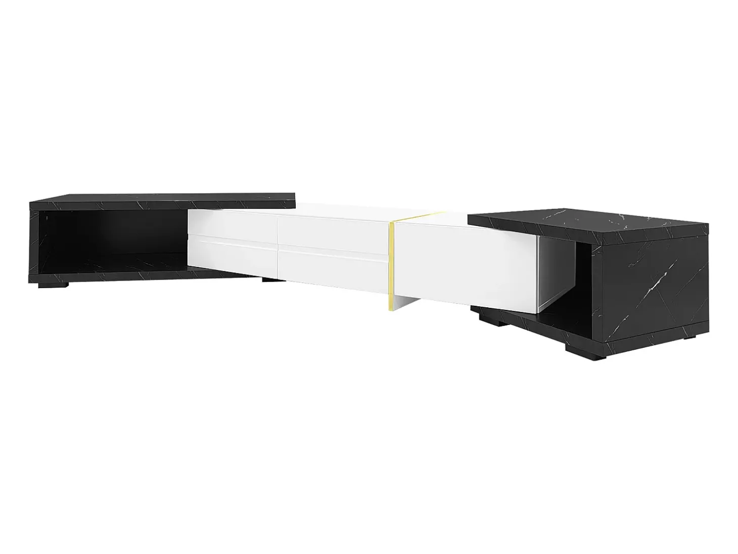 Móvel para TV com 3 portas, comprimento ajustável, frente branca brilhante e laterais em folheado com efeito mármore preto - 140/260x40x30cm