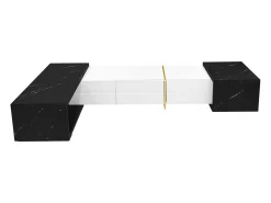 Móvel para TV com 3 portas, comprimento ajustável, frente branca brilhante e laterais em folheado com efeito mármore preto - 140/260x40x30cm