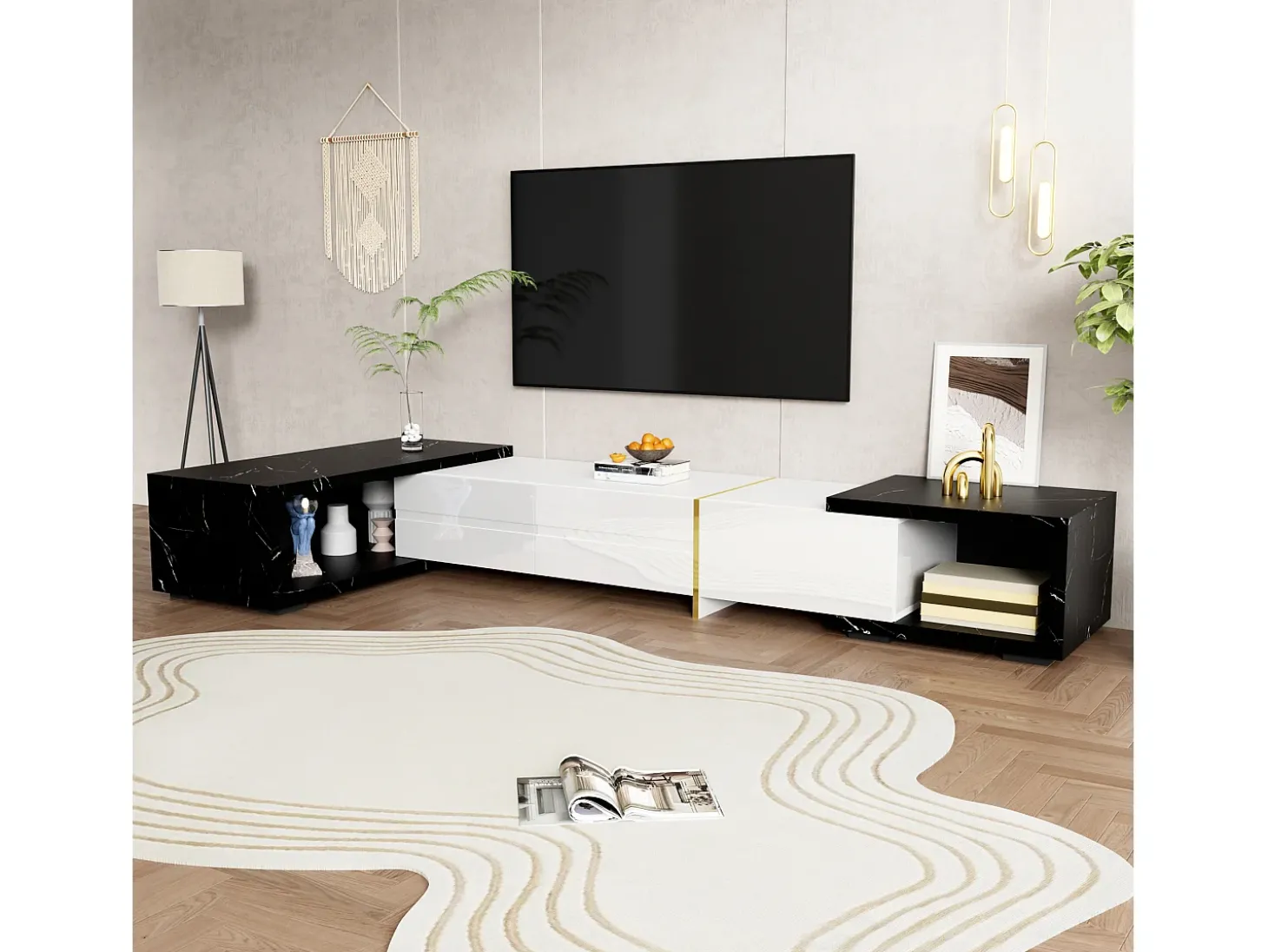 Móvel para TV com 3 portas, comprimento ajustável, frente branca brilhante e laterais em folheado com efeito mármore preto - 140/260x40x30cm