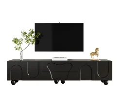 Móvel para TV com 4 portas e 2 gavetas, pés redondos, preto