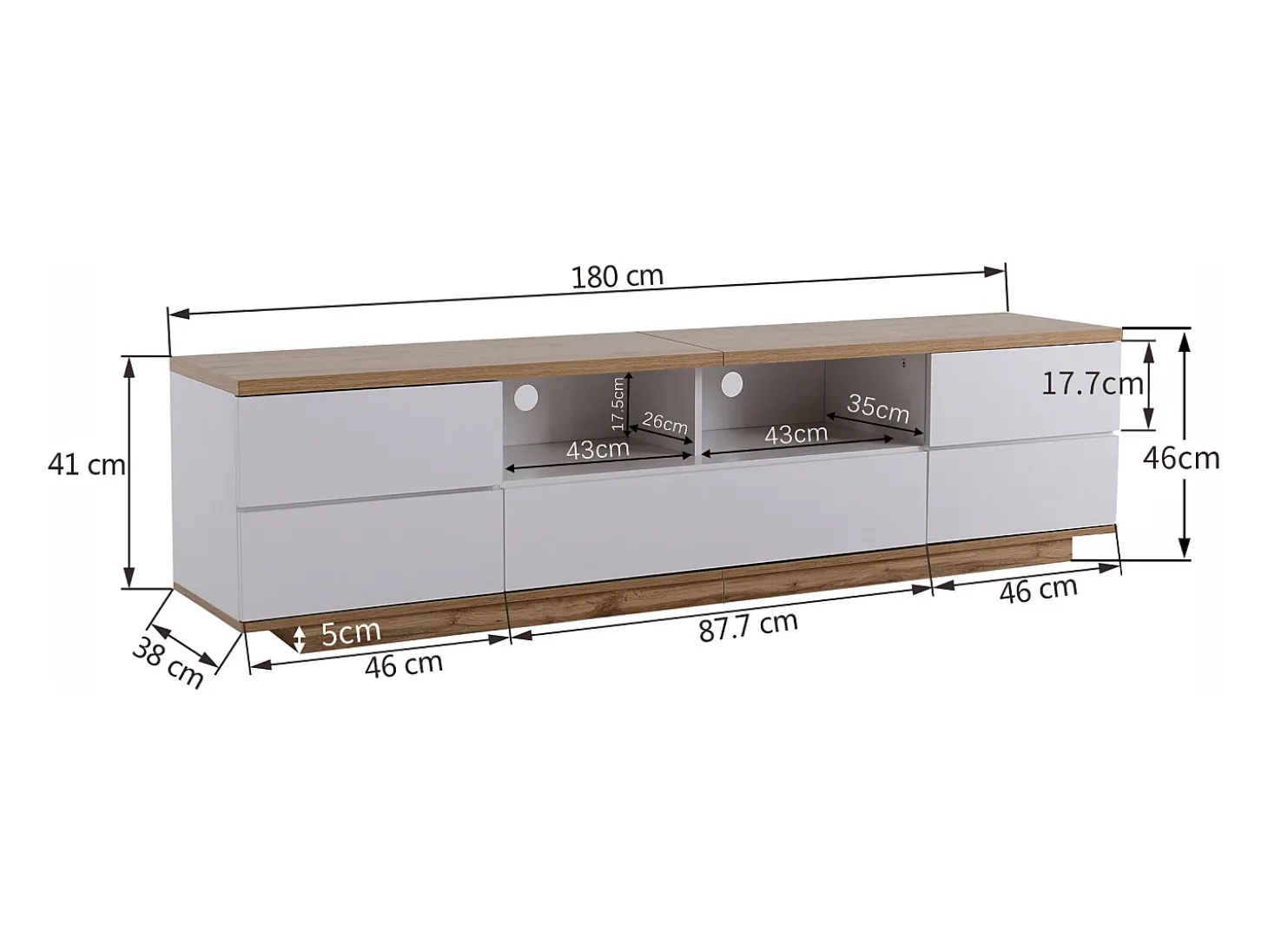 Móvel para TV com 5 portas, com acabamento em madeira, branco e natural.