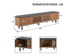 Móvel para TV com 4 portas, 190 x 35 x 45 cm - Tampo preto - Cor madeira escura