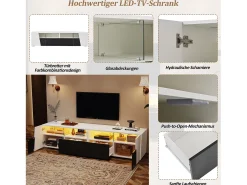 Móvel para TV com acabamento laqueado brilhante - 180 x 38,5 x 45 cm - com LEDs + 2 gavetas + prateleiras abertas - MDF + Vidro - branco + preto.