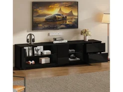 Móvel para TV com acabamento brilhante - 160 x 40 x 52 cm - com LEDs + 1 porta + 2 gavetas - MDF - preto