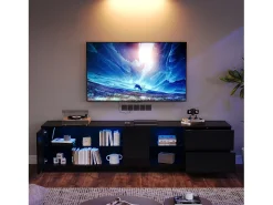 Móvel para TV com acabamento brilhante - 160 x 40 x 52 cm - com LEDs + 1 porta + 2 gavetas - MDF - preto