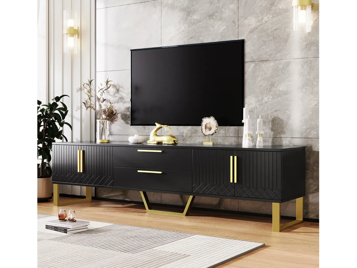 Móvel para TV com acabamento em lacado preto brilhante, 170x40x535,5cm - 4 portas e 2 gavetas - pés dourados