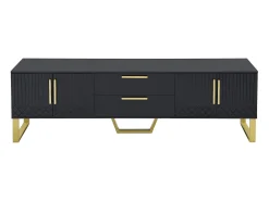 Móvel para TV com acabamento em lacado preto brilhante, 170x40x535,5cm - 4 portas e 2 gavetas - pés dourados