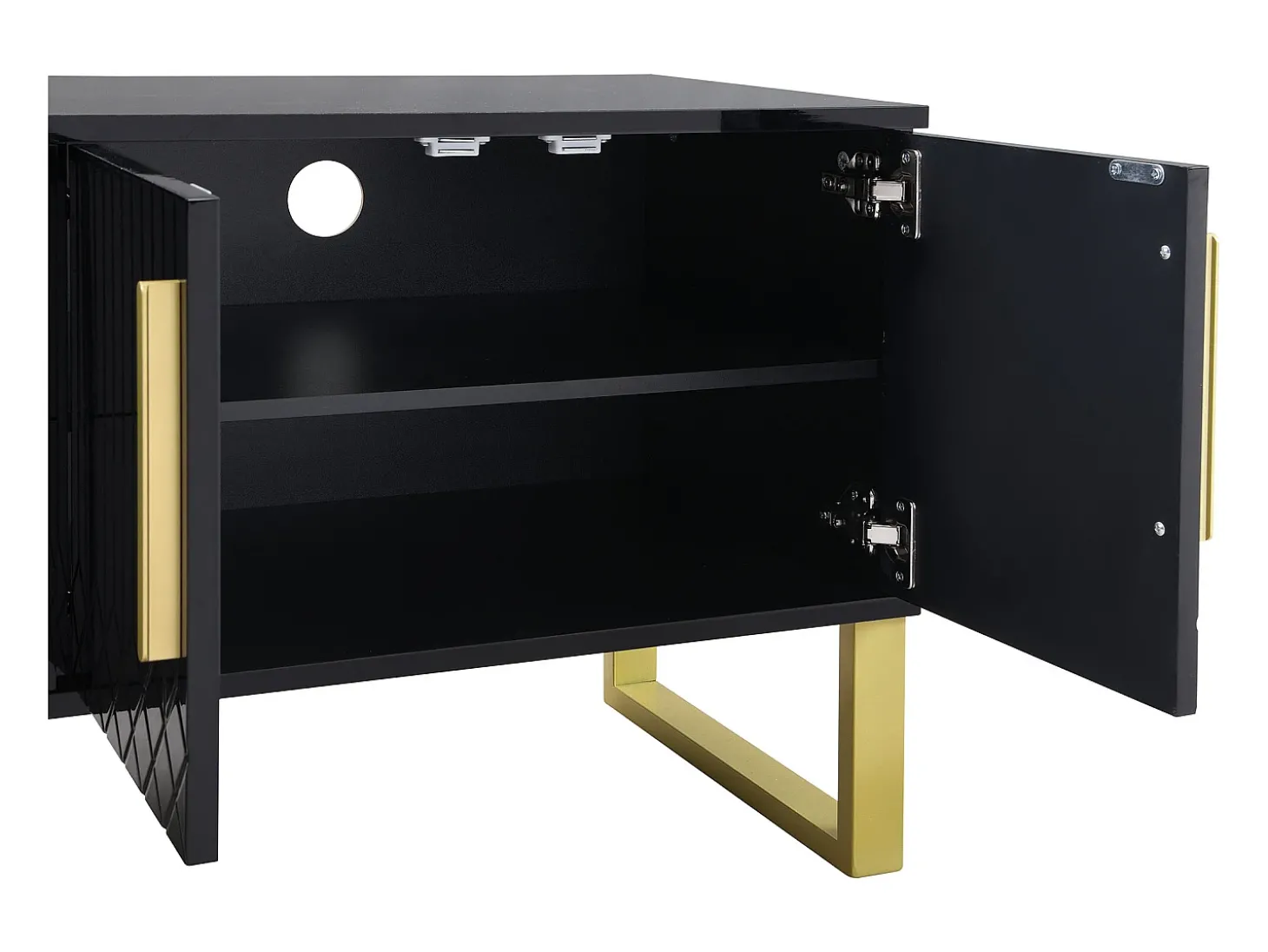Móvel para TV com acabamento em lacado preto brilhante, 170x40x535,5cm - 4 portas e 2 gavetas - pés dourados