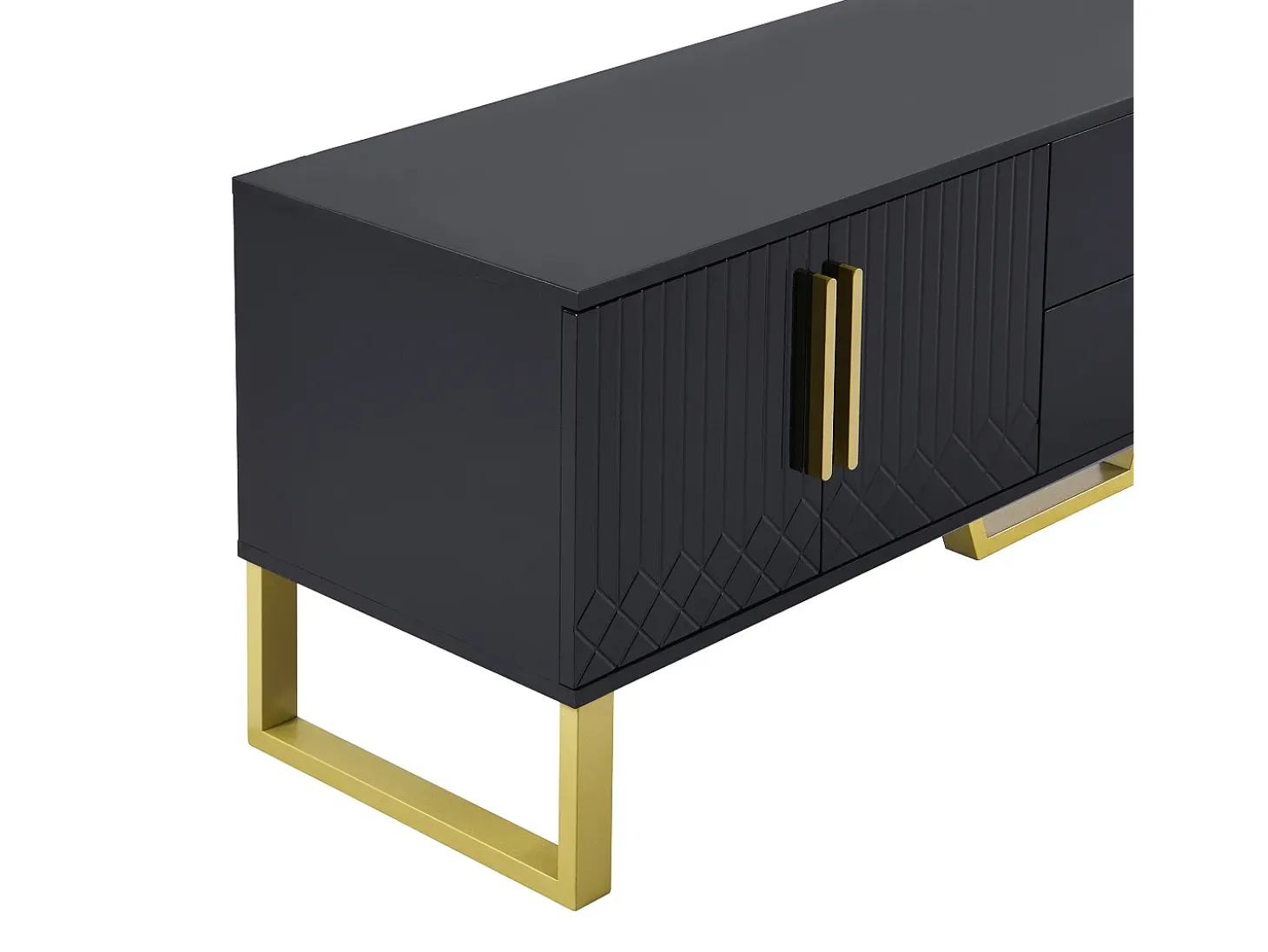 Móvel para TV com acabamento em lacado preto brilhante, 170x40x535,5cm - 4 portas e 2 gavetas - pés dourados