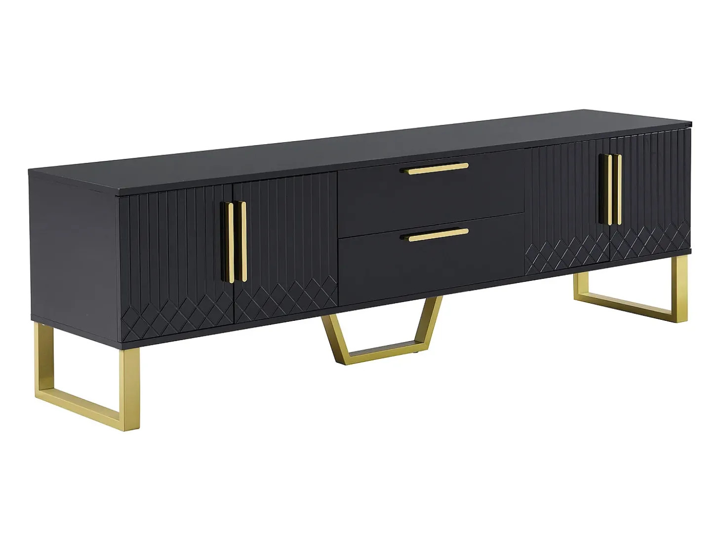 Móvel para TV com acabamento em lacado preto brilhante, 170x40x535,5cm - 4 portas e 2 gavetas - pés dourados