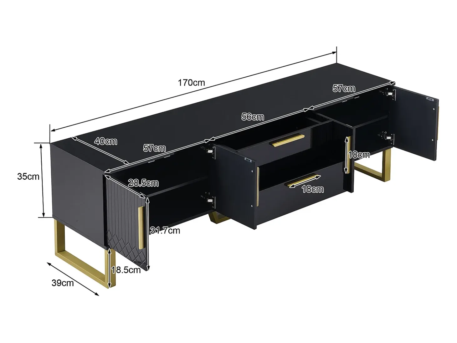 Móvel para TV com acabamento em lacado preto brilhante, 170x40x535,5cm - 4 portas e 2 gavetas - pés dourados