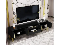 Móvel para TV com acabamento brilhante, 4 portas e 2 gavetas - 170 x 39 x 53,5 cm - puxadores e pés dourados - MDF - preto