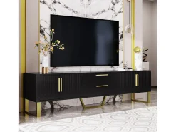Móvel para TV com acabamento brilhante, 4 portas e 2 gavetas - 170 x 39 x 53,5 cm - puxadores e pés dourados - MDF - preto