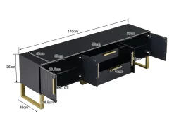 Móvel para TV com acabamento brilhante, 4 portas e 2 gavetas - 170 x 39 x 53,5 cm - puxadores e pés dourados - MDF - preto