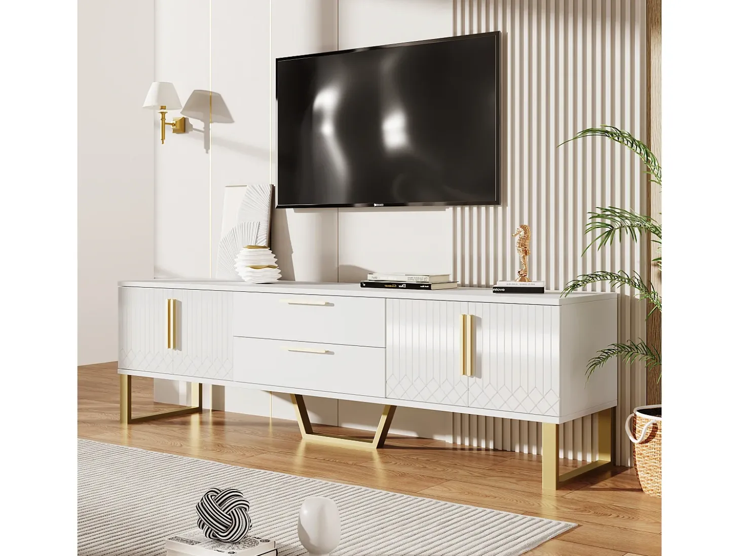 Móvel para TV com acabamento lacado brilhante, 4 gavetas e 2 portas - Porta texturada - Branco e dourado