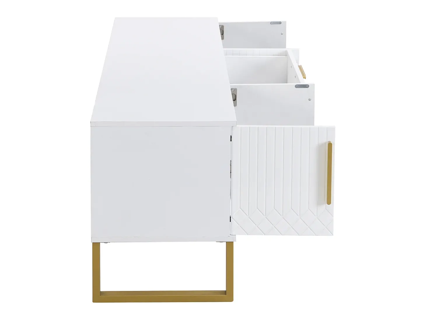 Móvel para TV com acabamento lacado brilhante, 4 gavetas e 2 portas - Porta texturada - Branco e dourado