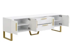 Móvel para TV com acabamento lacado brilhante, 4 gavetas e 2 portas - Porta texturada - Branco e dourado