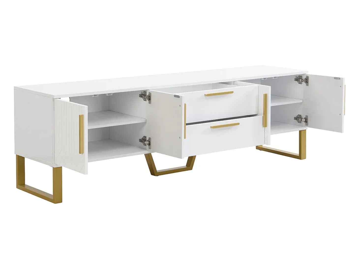 Móvel para TV com acabamento lacado brilhante, 4 gavetas e 2 portas - Porta texturada - Branco e dourado