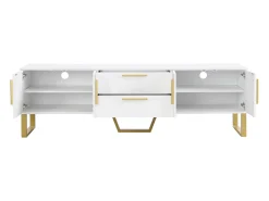 Móvel para TV com acabamento lacado brilhante, 4 gavetas e 2 portas - Porta texturada - Branco e dourado