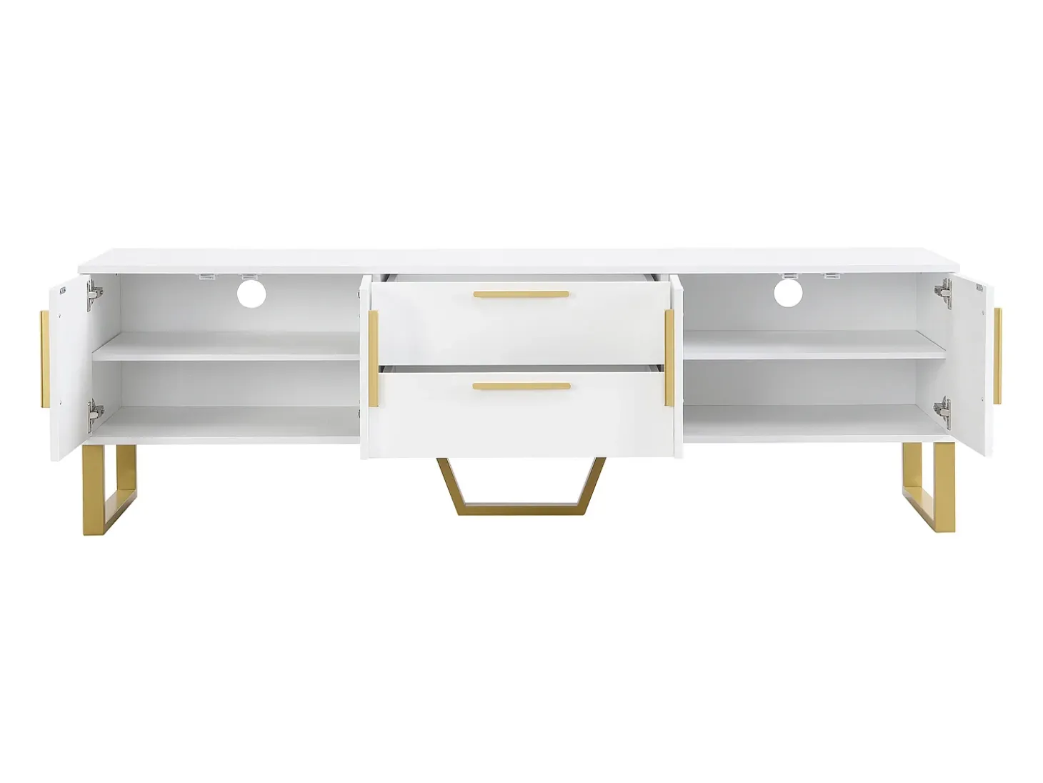 Móvel para TV com acabamento lacado brilhante, 4 gavetas e 2 portas - Porta texturada - Branco e dourado
