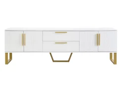 Móvel para TV com acabamento lacado brilhante, 4 gavetas e 2 portas - Porta texturada - Branco e dourado