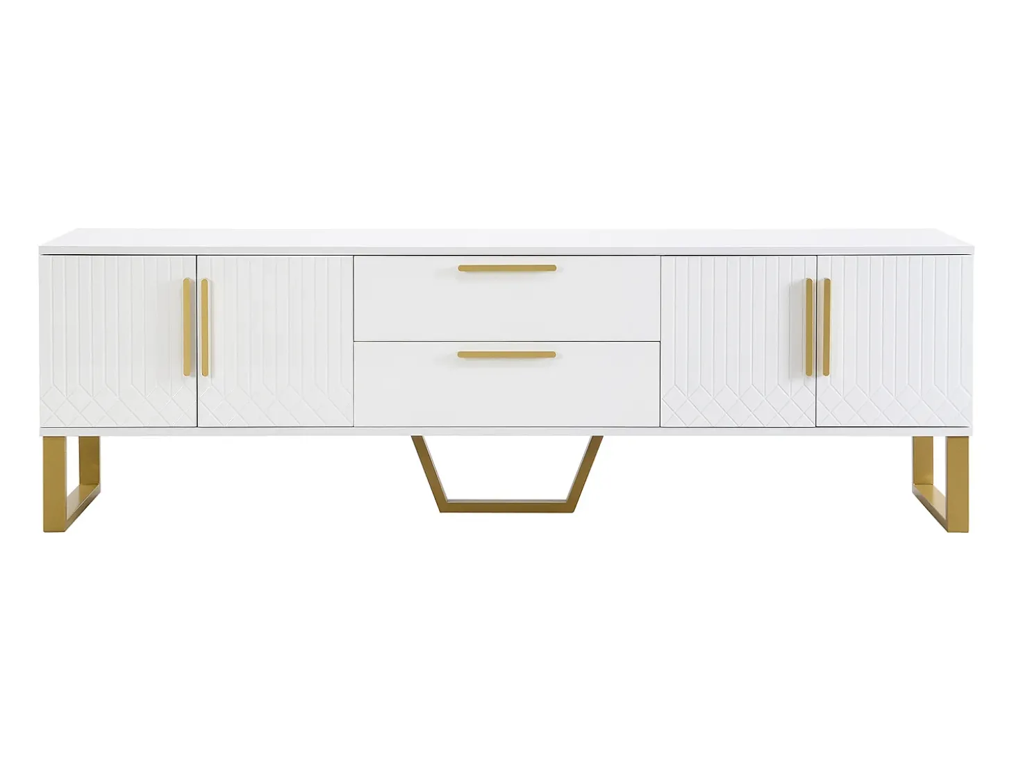 Móvel para TV com acabamento lacado brilhante, 4 gavetas e 2 portas - Porta texturada - Branco e dourado