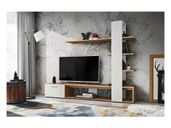Móvel para TV com biblioteca e prateleiras integradas da coleção CLEO. Cores branco e carvalho.