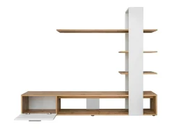 Móvel para TV com biblioteca e prateleiras integradas da coleção CLEO. Cores branco e carvalho.
