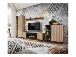 Móvel para TV com design e lareira decorativa nas cores carvalho e preto da coleção NIELSEN.