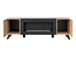 Móvel para TV com design e lareira decorativa nas cores carvalho e preto da coleção NIELSEN.