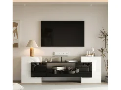 Móvel para TV com iluminação LED, 6 portas e 2 gavetas - Acabamento lacado a branco e preto