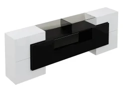 Móvel para TV com iluminação LED, 6 portas e 2 gavetas - Acabamento lacado a branco e preto