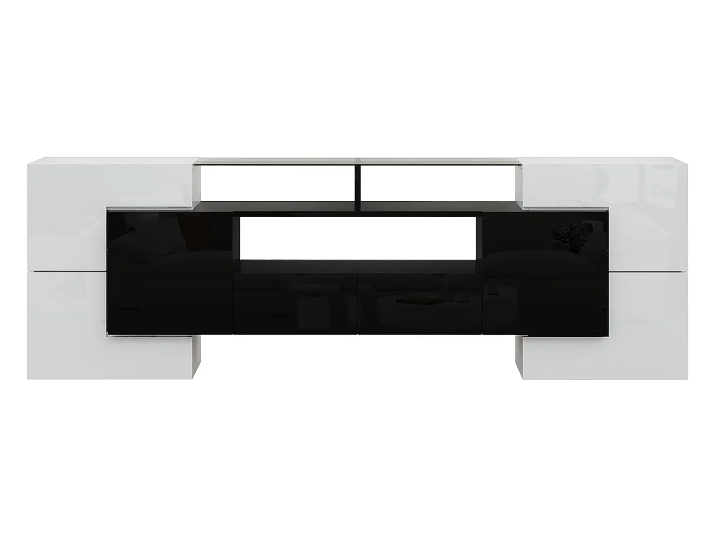 Móvel para TV com iluminação LED, 6 portas e 2 gavetas - Acabamento lacado a branco e preto