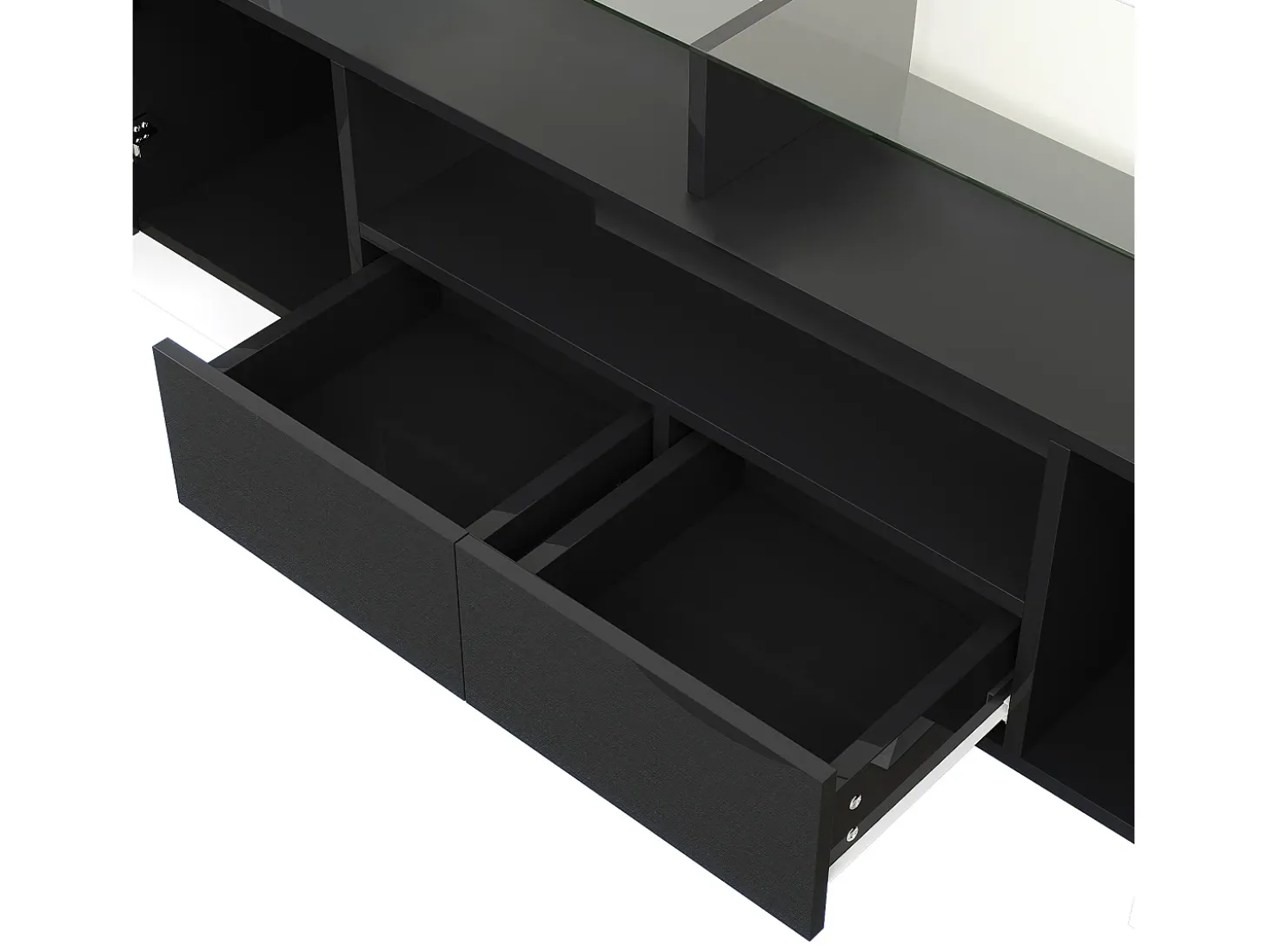 Móvel para TV com iluminação LED, 6 portas e 2 gavetas - Acabamento lacado a branco e preto
