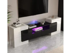 Móvel para TV com iluminação LED, 6 portas e 2 gavetas - Acabamento lacado a branco e preto