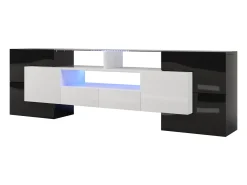 Móvel para TV com iluminação LED, 6 portas e 2 gavetas - Tampo em vidro - Acabamento brilhante em branco e preto