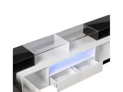 Móvel para TV com iluminação LED, 6 portas e 2 gavetas - Tampo em vidro - Acabamento brilhante em branco e preto