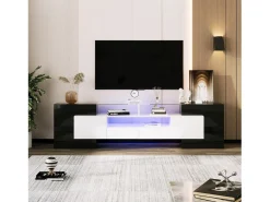 Móvel para TV com iluminação LED, 6 portas e 2 gavetas - Tampo em vidro - Acabamento brilhante em branco e preto