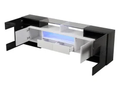 Móvel para TV com iluminação LED, 6 portas e 2 gavetas - Tampo em vidro - Acabamento brilhante em branco e preto