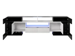 Móvel para TV com iluminação LED, 6 portas e 2 gavetas - Tampo em vidro - Acabamento brilhante em branco e preto