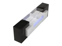Móvel para TV com iluminação LED, 6 portas e 2 gavetas - Tampo em vidro - Acabamento brilhante em branco e preto