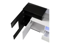 Móvel para TV com iluminação LED, 6 portas e 2 gavetas - Tampo em vidro - Acabamento brilhante em branco e preto