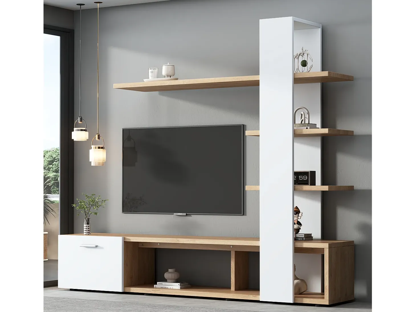 Móvel para TV com prateleiras - Cor branco e madeira
