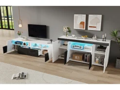Móvel para TV combinado com aparador - móvel para TV laqueado de alto brilho + aparador baixo para sala de estar - com LEDs - aglomerado - branco