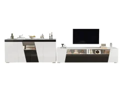 Móvel para TV combinado com aparador - móvel para TV laqueado de alto brilho + aparador baixo para sala de estar - com LEDs - aglomerado - branco