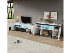Móvel para TV combinado com aparador - móvel para TV laqueado de alto brilho + aparador baixo para sala de estar - com LEDs - aglomerado - branco